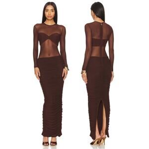 Nookie Eclipse Mesh Gown Long Sleeve Ruched Sexy Formal Gala Party Cocoa Sz M